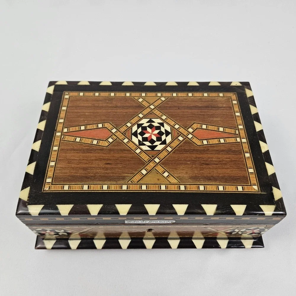 Spanish Marquetry Laquered Jewelry Box Musical Mosaic Vintage Mid-Century